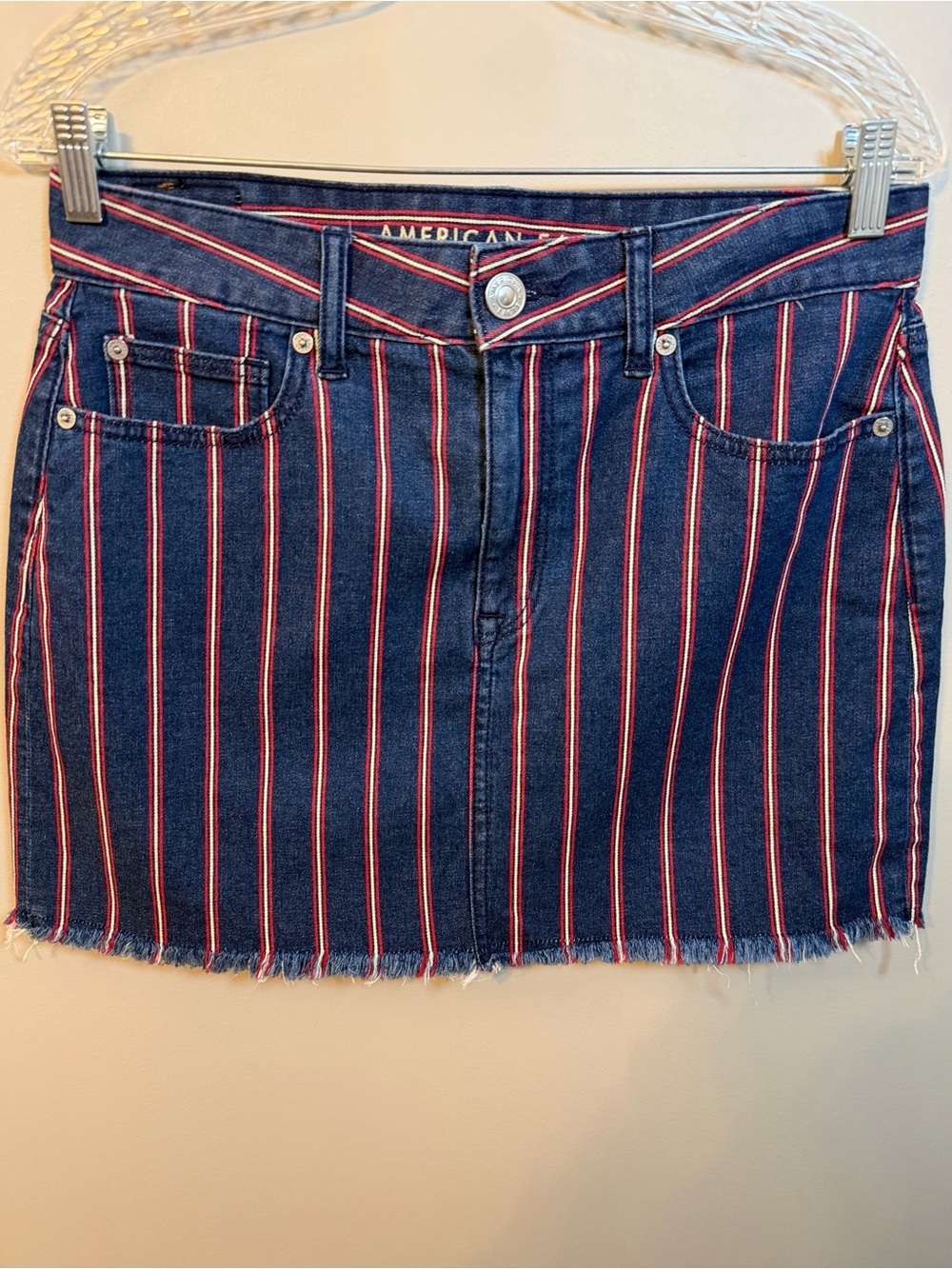 American Eagle Outfitters Navy Denim Mini Skirt with Red Stripes